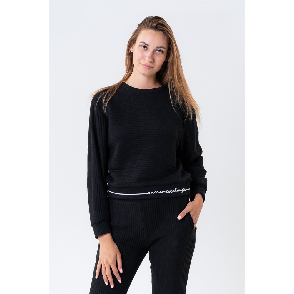 "NWT" Armani Exchange Women's Bonded Stripe Pullover Ribbed Sweater Black- Sz. L